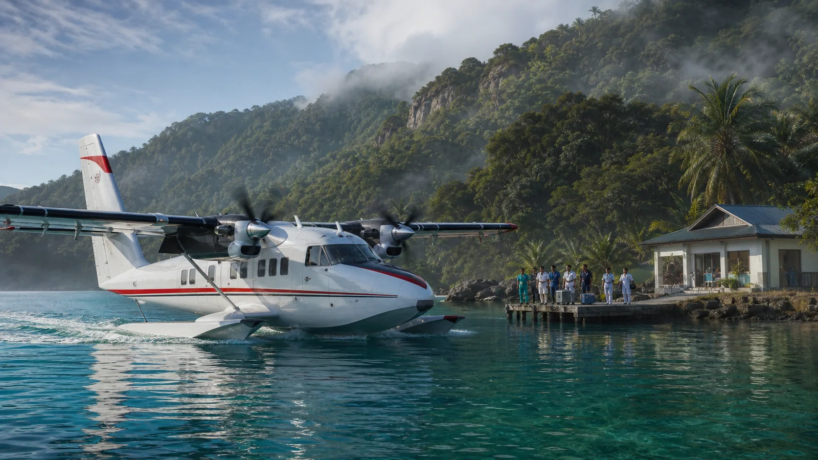Conceptual amphibious medical aircraft approaching a remote island clinic