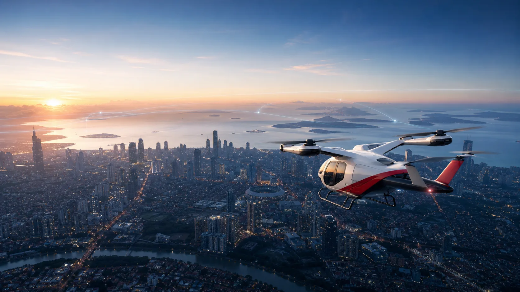 Conceptual electric medical aircraft flying over a coastal Indonesian city